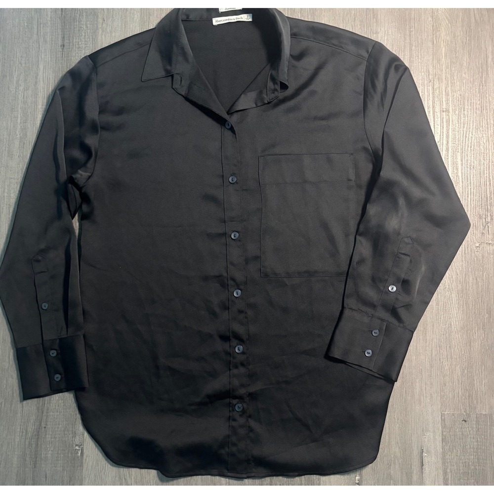 Abercrombie & Fitch Button Down Shirt Womens S Black Oversized Satin Long Sleeve